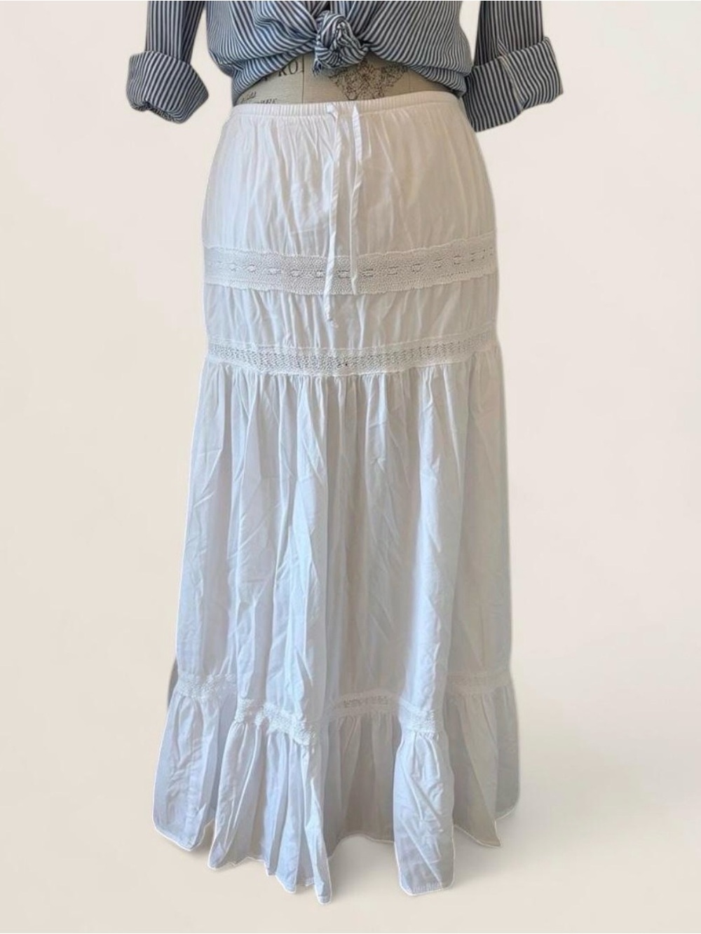 Garage White Tiered Maxi Skirt with Lace Trim